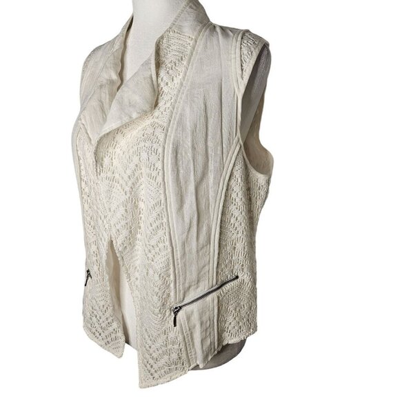 Chico's Linen Crocheted Lace Mix Vest, Zipper Pockets Size 1 Medium 8/10 White - Picture 2 of 8